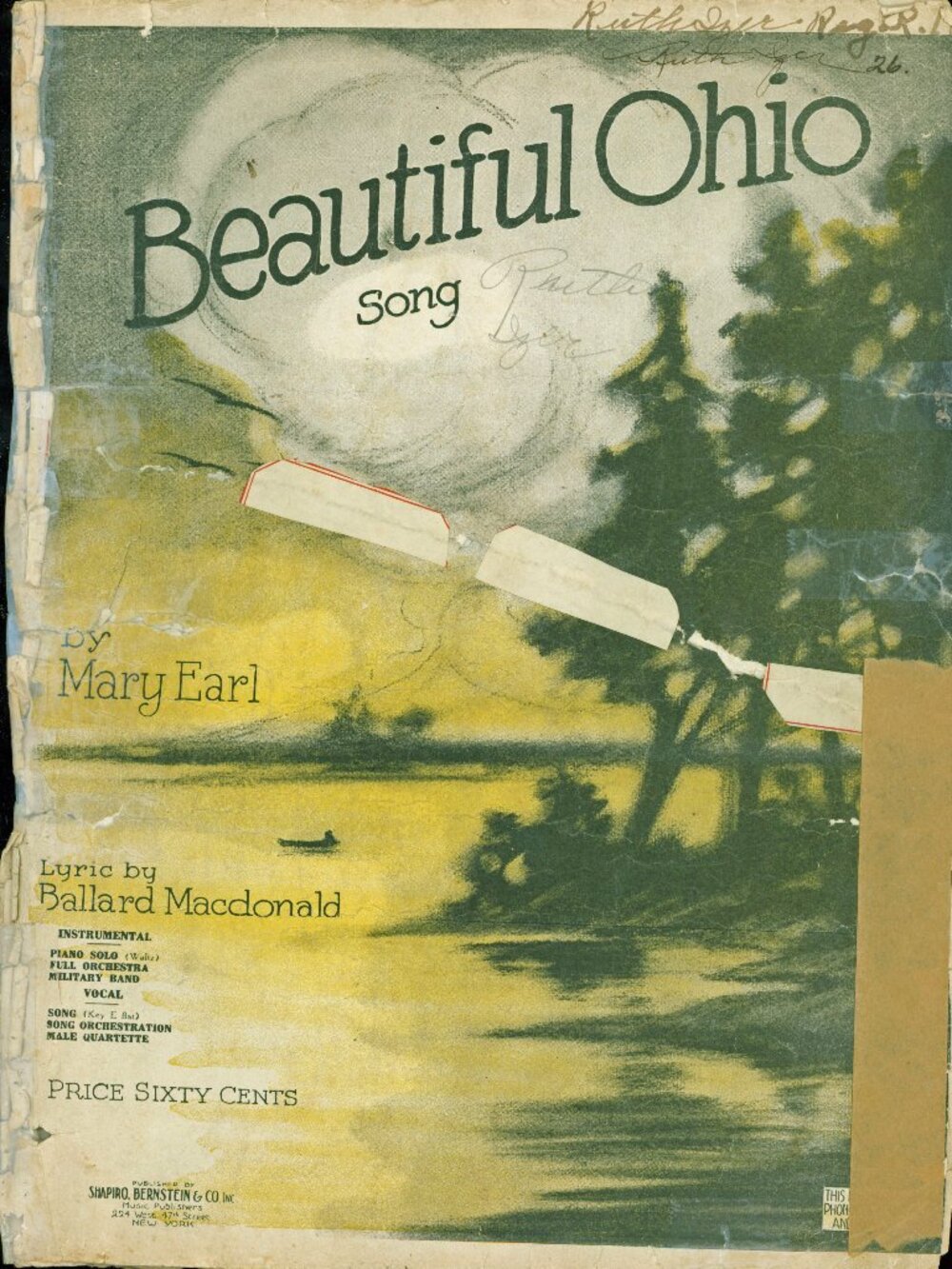 BEAUTIFUL OHIO" Antiq.11x14 Sht.Mus. Mary Earl Ballard MacDonald-State Song 1918